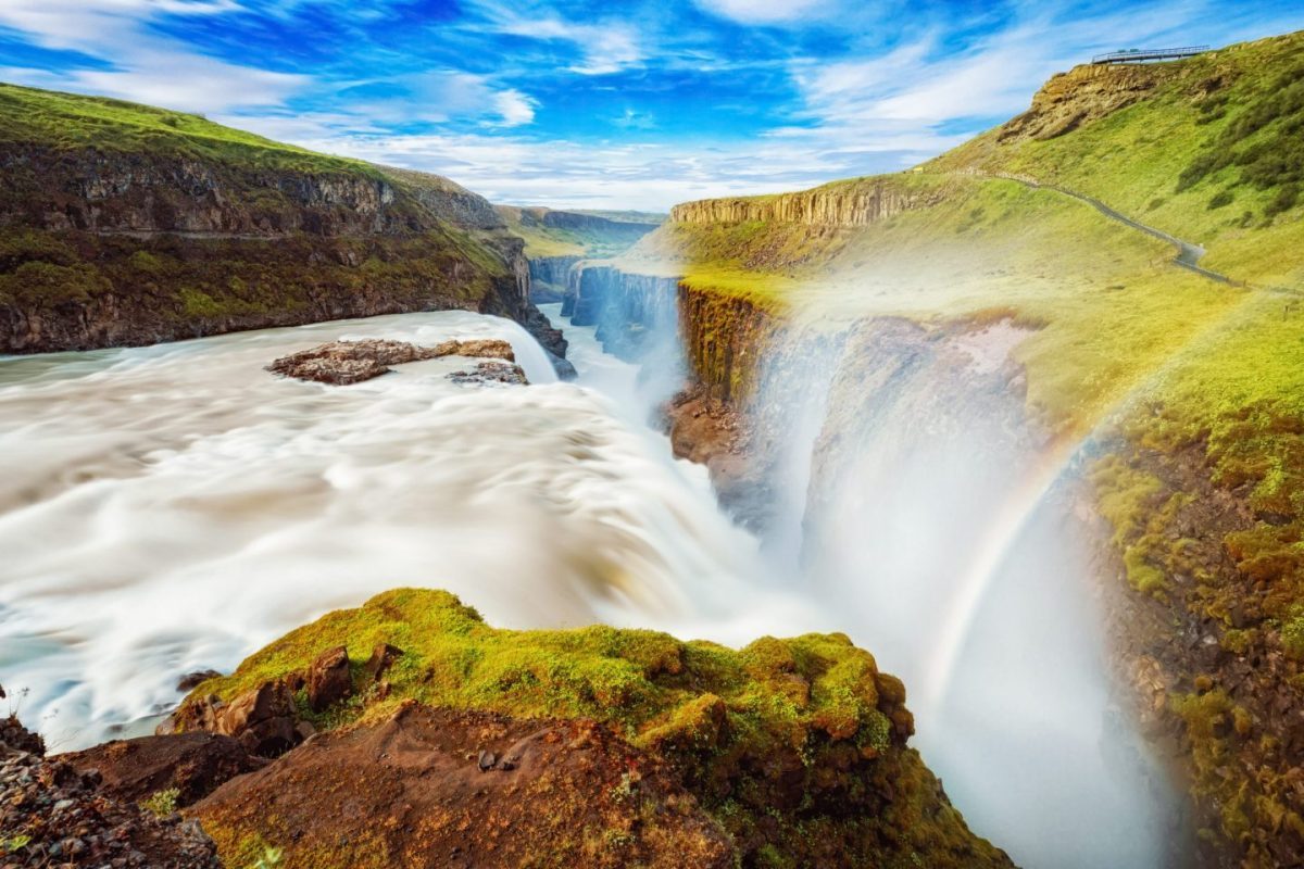 rainbow above gullfoss waterfall in the golden circle iceland