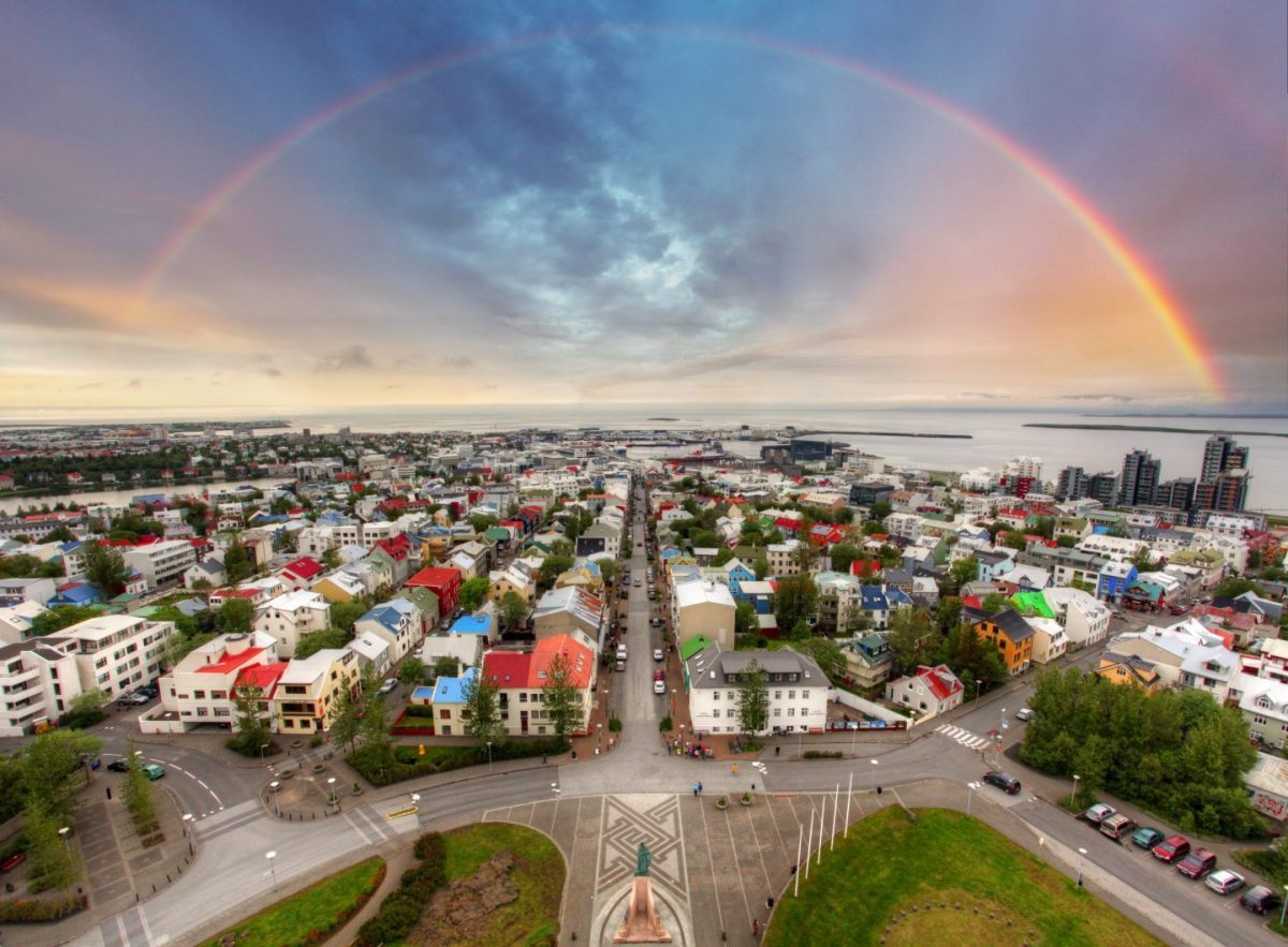 rainbow over the icelandic capital reykjavik