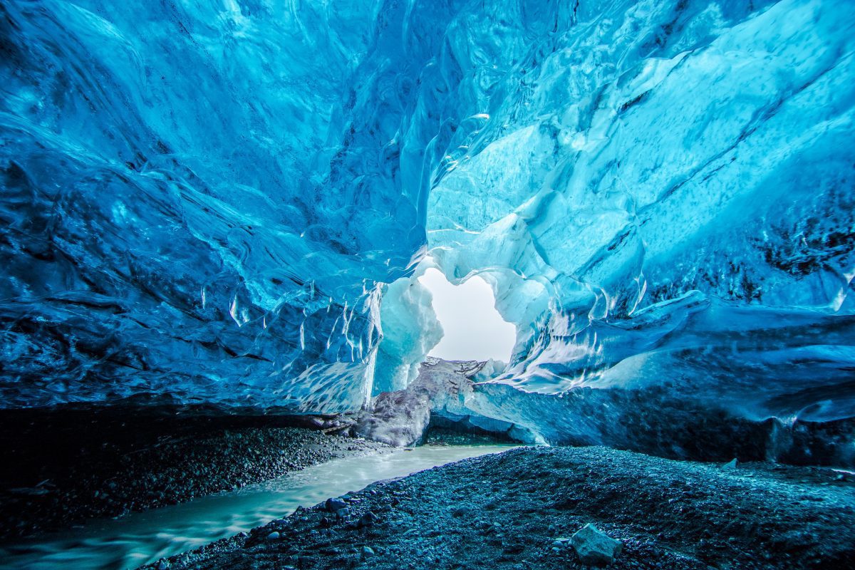 blue ice cave under the glacier in iceland