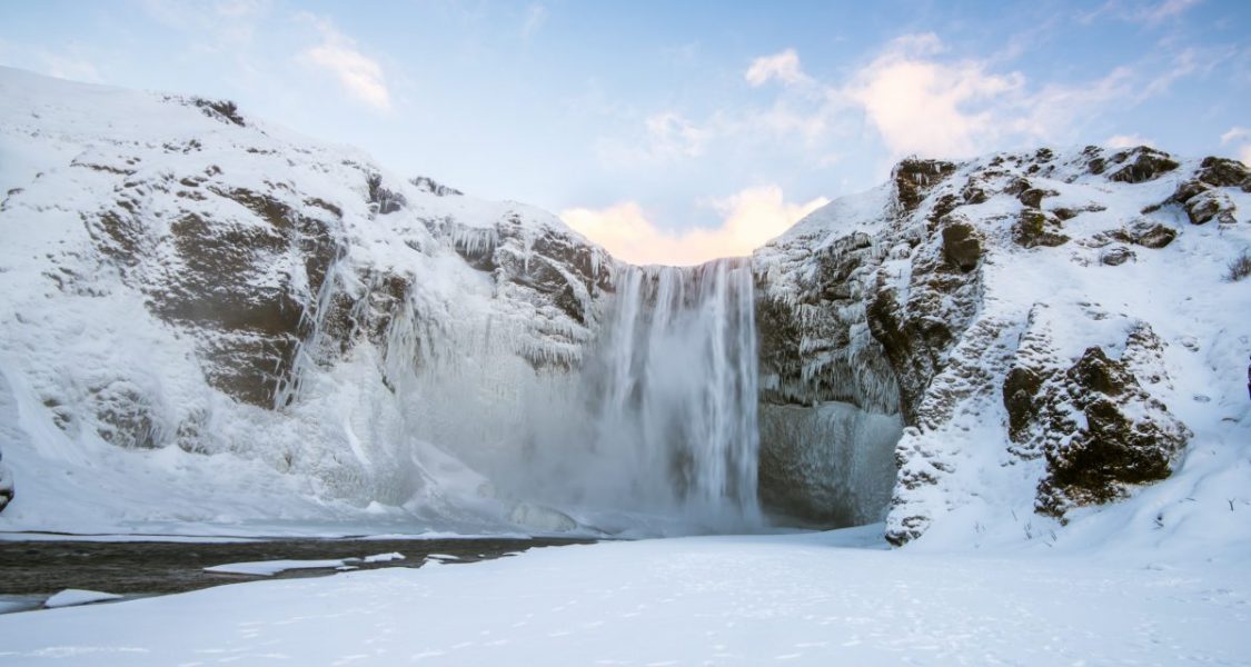 skogafoss waterfall in south iceland in winter
